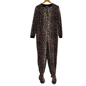 Nick & Nora Womens Small Leopard Print Fleece Footed Pajamas Cat Face